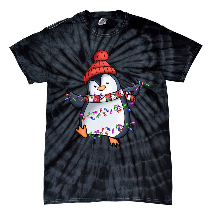 Penguin Santa Lights Christmas Pajamas Cute Penguins Xmas Tie-Dye T-Shirt