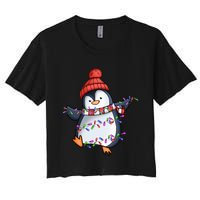 Penguin Santa Lights Christmas Pajamas Cute Penguins Xmas Women's Crop Top Tee