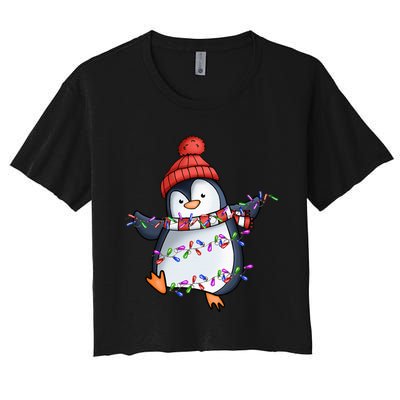 Penguin Santa Lights Christmas Pajamas Cute Penguins Xmas Women's Crop Top Tee