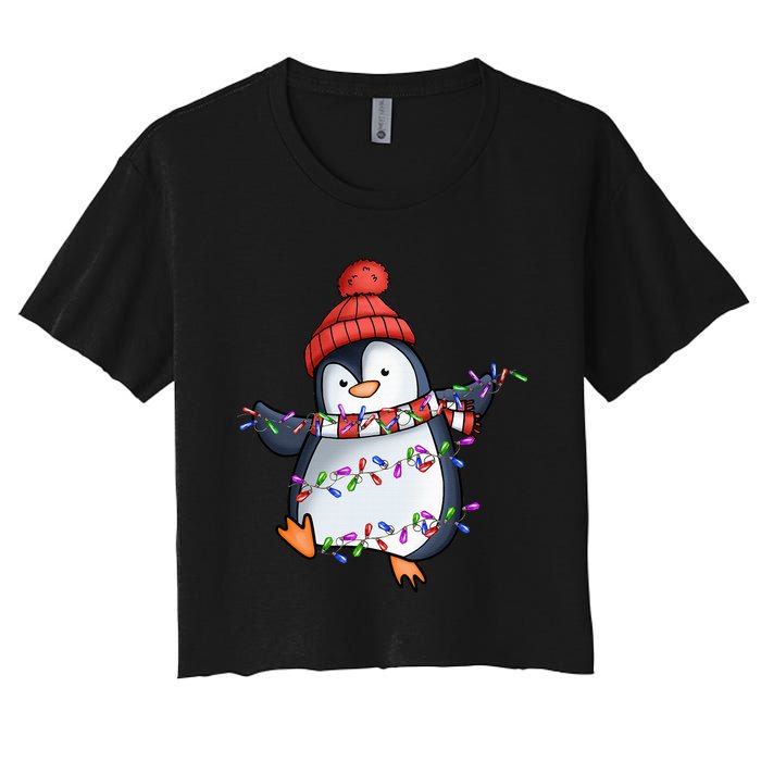 Penguin Santa Lights Christmas Pajamas Cute Penguins Xmas Women's Crop Top Tee