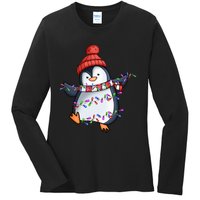 Penguin Santa Lights Christmas Pajamas Cute Penguins Xmas Ladies Long Sleeve Shirt