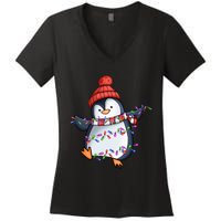 Penguin Santa Lights Christmas Pajamas Cute Penguins Xmas Women's V-Neck T-Shirt