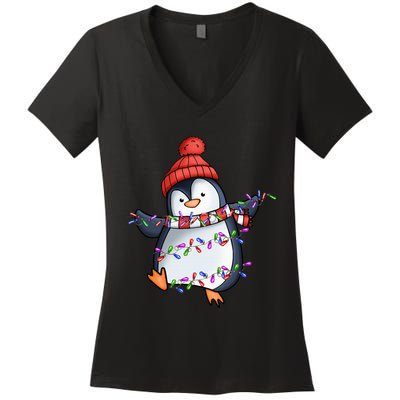 Penguin Santa Lights Christmas Pajamas Cute Penguins Xmas Women's V-Neck T-Shirt