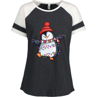 Penguin Santa Lights Christmas Pajamas Cute Penguins Xmas Enza Ladies Jersey Colorblock Tee