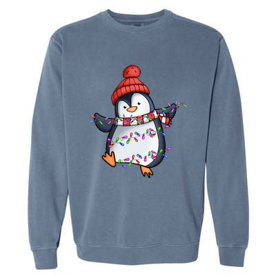 Penguin Santa Lights Christmas Pajamas Cute Penguins Xmas Garment-Dyed Sweatshirt