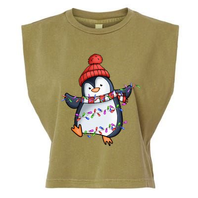 Penguin Santa Lights Christmas Pajamas Cute Penguins Xmas Garment-Dyed Women's Muscle Tee