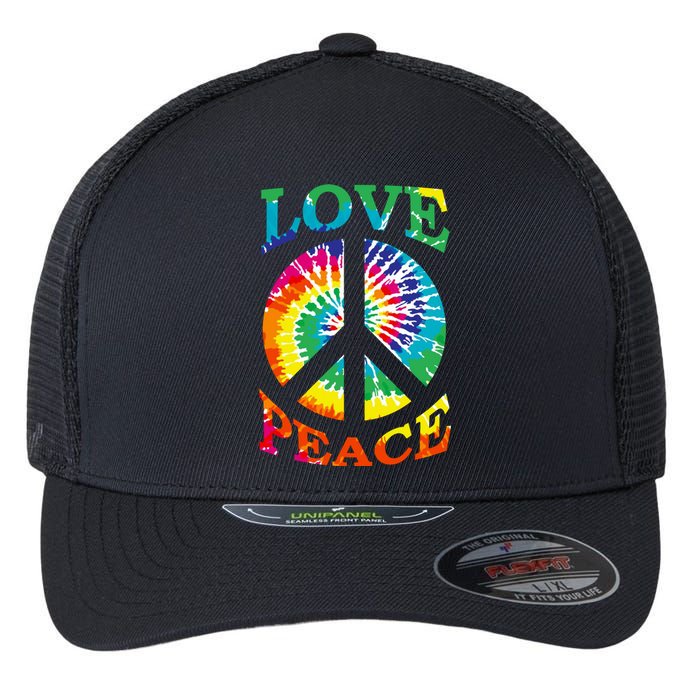 Peace Sign Love Retro 60S 70S Tie Dye Hippie Costume Flexfit Unipanel Trucker Cap