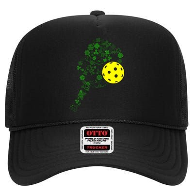 Pickleball Shamrock Leaf St Patrick Day Pickleball Player High Crown Mesh Back Trucker Hat