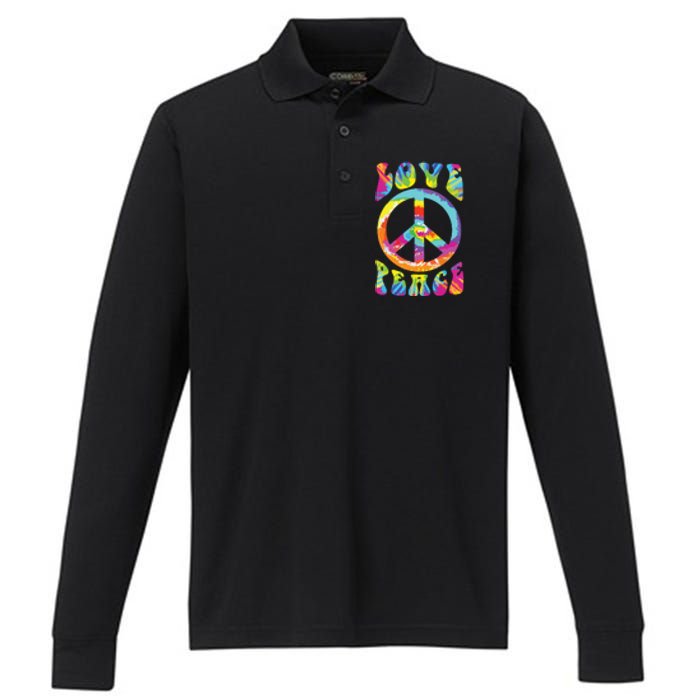 Peace Sign Love 60s 70s Tie Dye Hippie Costume Performance Long Sleeve Polo