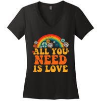 PEACE SIGN LOVE 60s 70s Tie Dye Hippie Costume Halloween Women's V-Neck T-Shirt