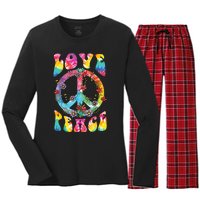 Peace Sign Love 60s 70s Tie Dye Hippie Costume Women's Long Sleeve Flannel Pajama Set 