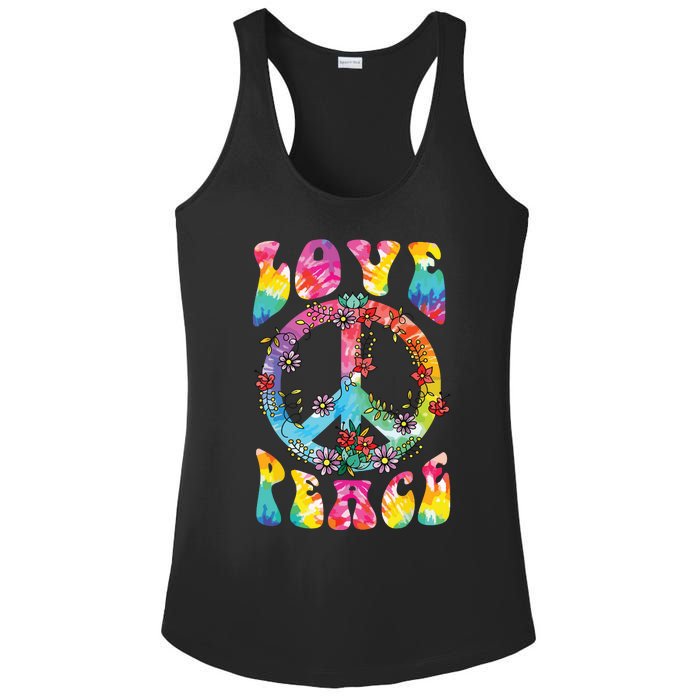 Peace Sign Love 60s 70s Tie Dye Hippie Costume Ladies PosiCharge Competitor Racerback Tank