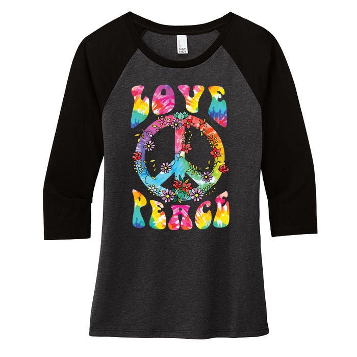 Peace Sign Love 60s 70s Tie Dye Hippie Costume Women's Tri-Blend 3/4-Sleeve Raglan Shirt