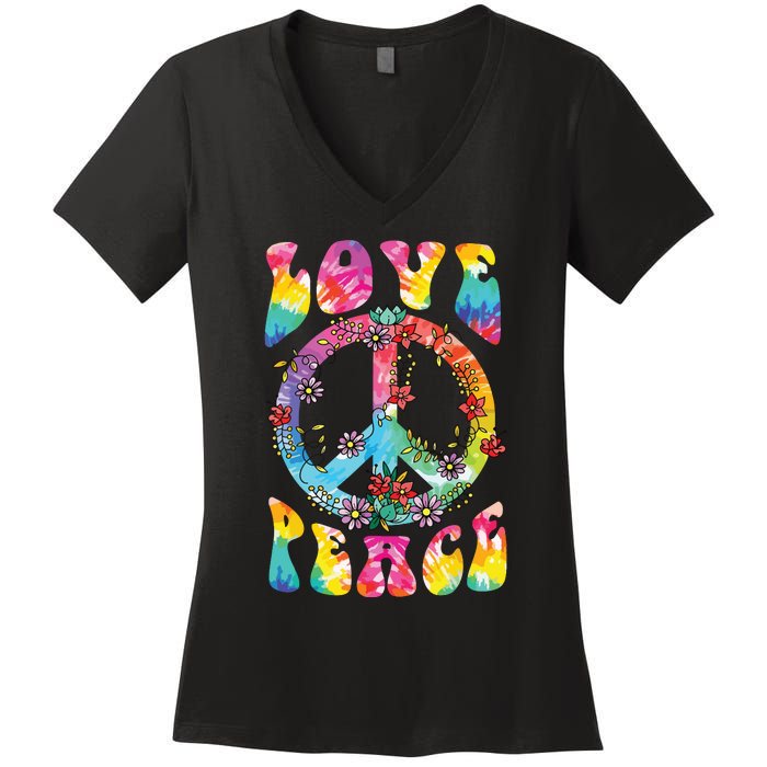 Peace Sign Love 60s 70s Tie Dye Hippie Costume Women's V-Neck T-Shirt