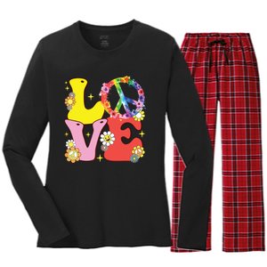 Peace Sign Love 60s 70s Tie Dye Hippie Costume Women's Long Sleeve Flannel Pajama Set 