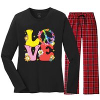 Peace Sign Love 60s 70s Tie Dye Hippie Costume Women's Long Sleeve Flannel Pajama Set 