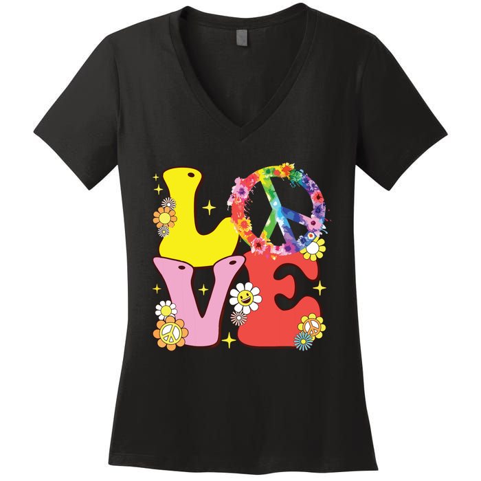 Peace Sign Love 60s 70s Tie Dye Hippie Costume Women's V-Neck T-Shirt