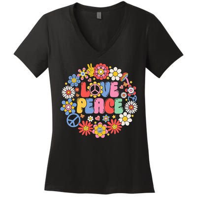 Peace Sign Love 60s 70s Love Peace Hippie Costume Women's V-Neck T-Shirt