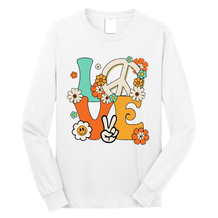 Peace Sign Love 60s 70s Hippie Costume Flowers Long Sleeve Shirt