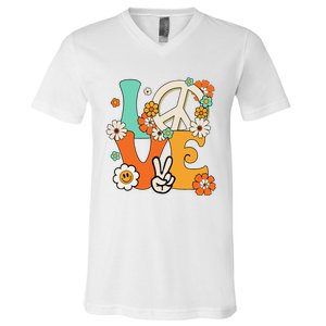 Peace Sign Love 60s 70s Hippie Costume Flowers V-Neck T-Shirt