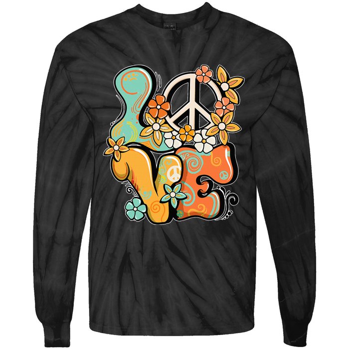 Peace Sign Love 60s 70s Costume Groovy Hippie Theme Party Tie-Dye Long Sleeve Shirt