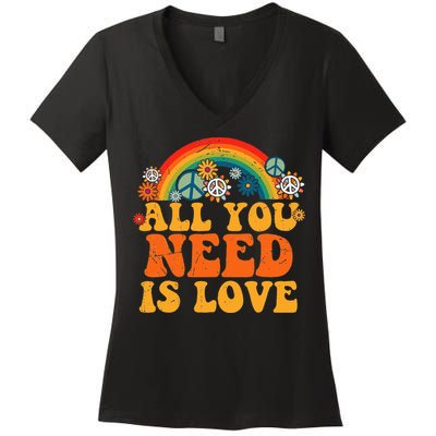 PEACE SIGN LOVE 60s 70s Tie Dye Hippie Costume Halloween Women's V-Neck T-Shirt