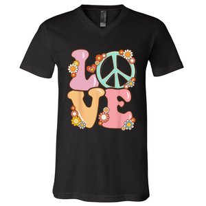 Peace Sign Love 60s 70s Costume Groovy Hippie V-Neck T-Shirt