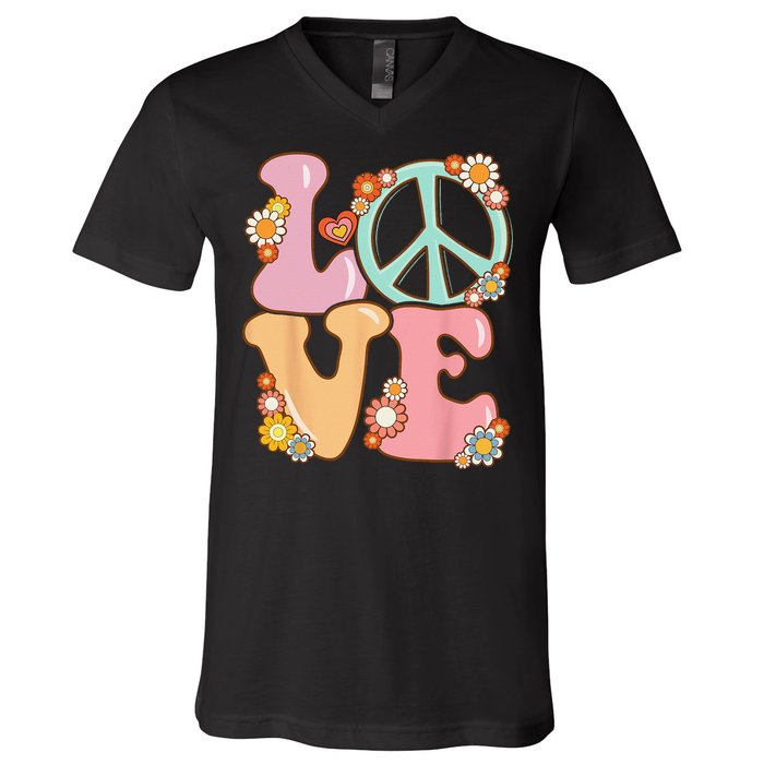 Peace Sign Love 60s 70s Costume Groovy Hippie V-Neck T-Shirt