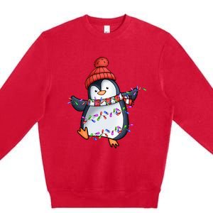 Penguin Santa Lights Christmas Pajamas Cute Penguins Xmas Premium Crewneck Sweatshirt