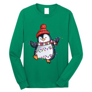 Penguin Santa Lights Christmas Pajamas Cute Penguins Xmas Long Sleeve Shirt