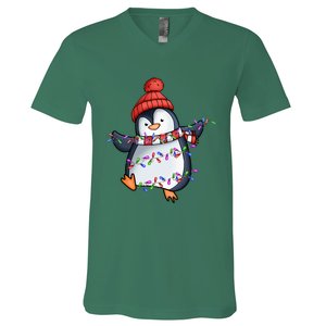 Penguin Santa Lights Christmas Pajamas Cute Penguins Xmas V-Neck T-Shirt