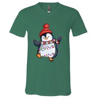 Penguin Santa Lights Christmas Pajamas Cute Penguins Xmas V-Neck T-Shirt