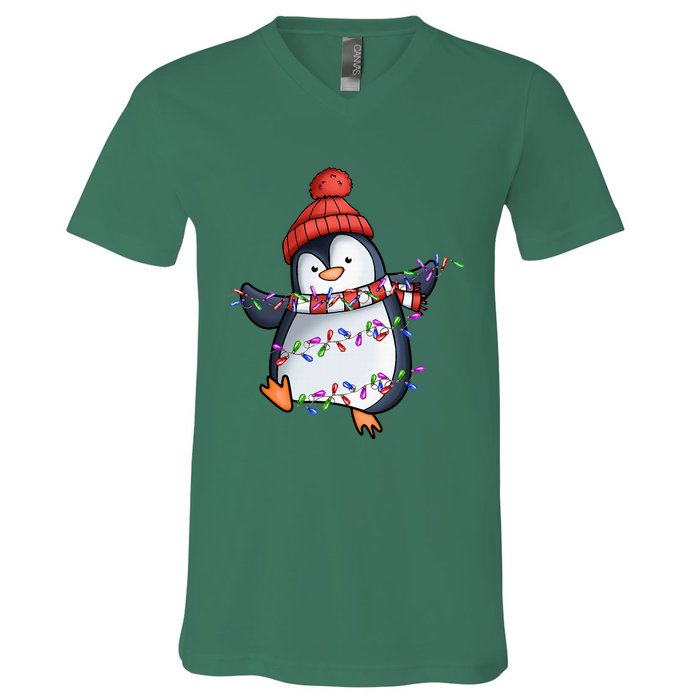 Penguin Santa Lights Christmas Pajamas Cute Penguins Xmas V-Neck T-Shirt