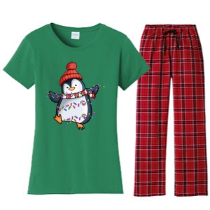 Penguin Santa Lights Christmas Pajamas Cute Penguins Xmas Women's Flannel Pajama Set