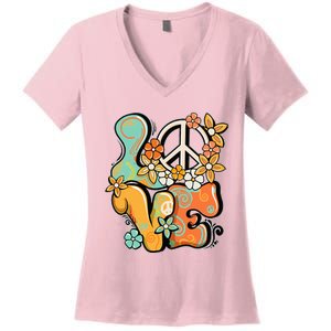 Peace Sign Love 60s 70s Costume Groovy Hippie Theme Party Women's V-Neck T-Shirt