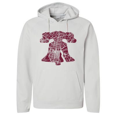 Philadelphia Street Map Liberty Bell Vintage Maroon P.Hilly Performance Fleece Hoodie