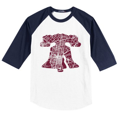 Philadelphia Street Map Liberty Bell Vintage Maroon P.Hilly Baseball Sleeve Shirt