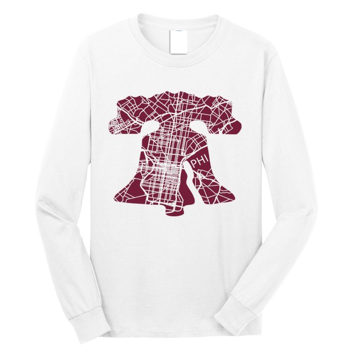 Philadelphia Street Map Liberty Bell Vintage Maroon P.Hilly Long Sleeve Shirt