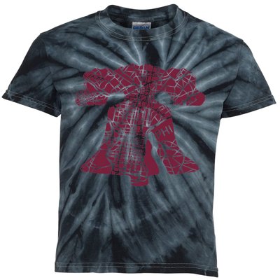 Philadelphia Street Map Liberty Bell Vintage Maroon Kids Tie-Dye T-Shirt