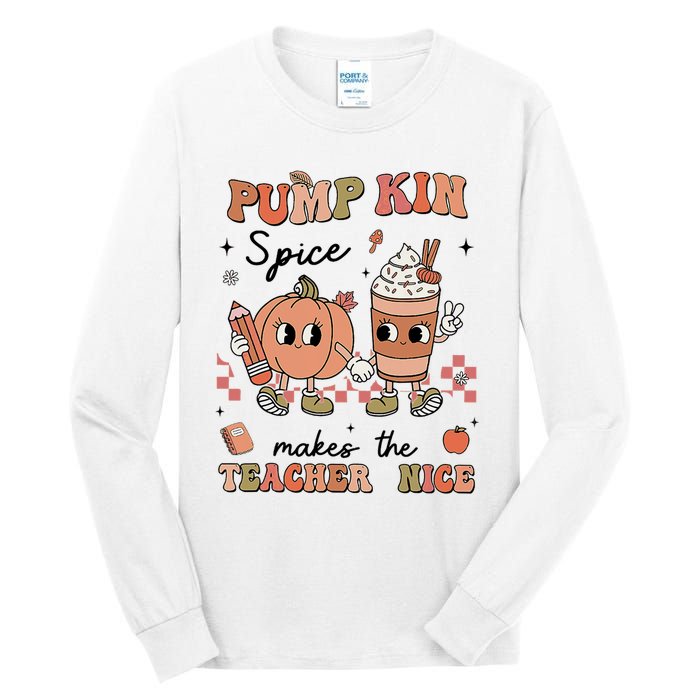 Pumpkin Spice Makes Teacher Nice Retro Teacher Thanksgiving Tall Long Sleeve T-Shirt