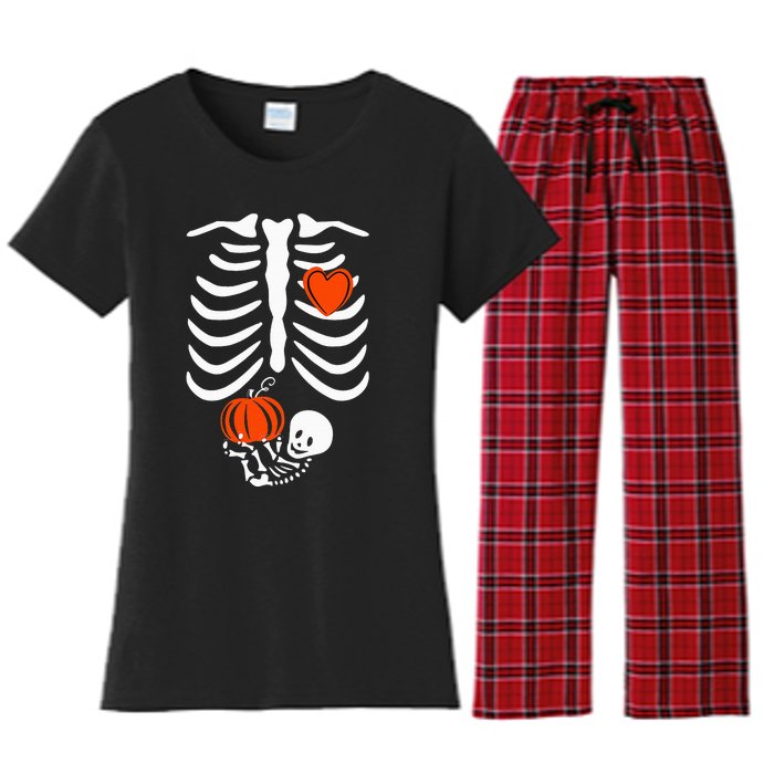 Pregnant Skeleton Mom Halloween Pregnancy Baby Announcement Women's Flannel Pajama Set