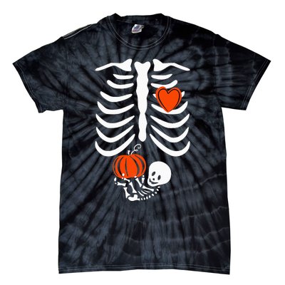 Pregnant Skeleton Mom Halloween Pregnancy Baby Announcement Tie-Dye T-Shirt