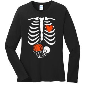 Pregnant Skeleton Mom Halloween Pregnancy Baby Announcement Ladies Long Sleeve Shirt