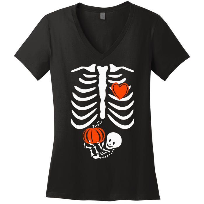 Pregnant Skeleton Mom Halloween Pregnancy Baby Announcement Women's V-Neck T-Shirt