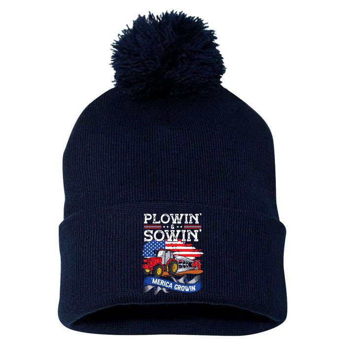 Plowin Sowin Merica Growin 4th Of July For Farmer Pom Pom 12in Knit Beanie