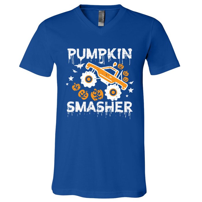 Pumpkin Smasher Monster Truck Halloween Gift V-Neck T-Shirt