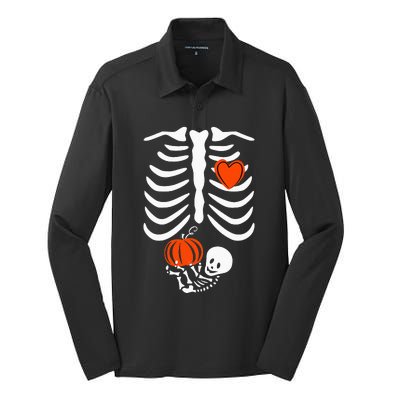 Pregnant Skeleton Mom Halloween Pregnancy Baby Announcement Silk Touch Performance Long Sleeve Polo