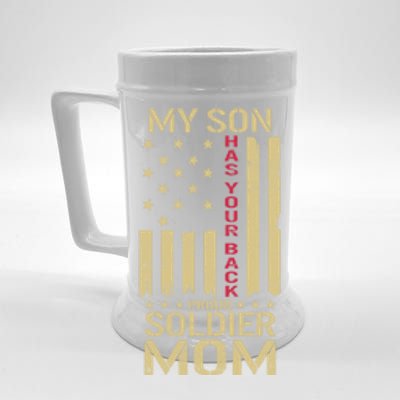 Proud Soldier Mom My Son Has Your Back Usa American Flag Gift Beer Stein