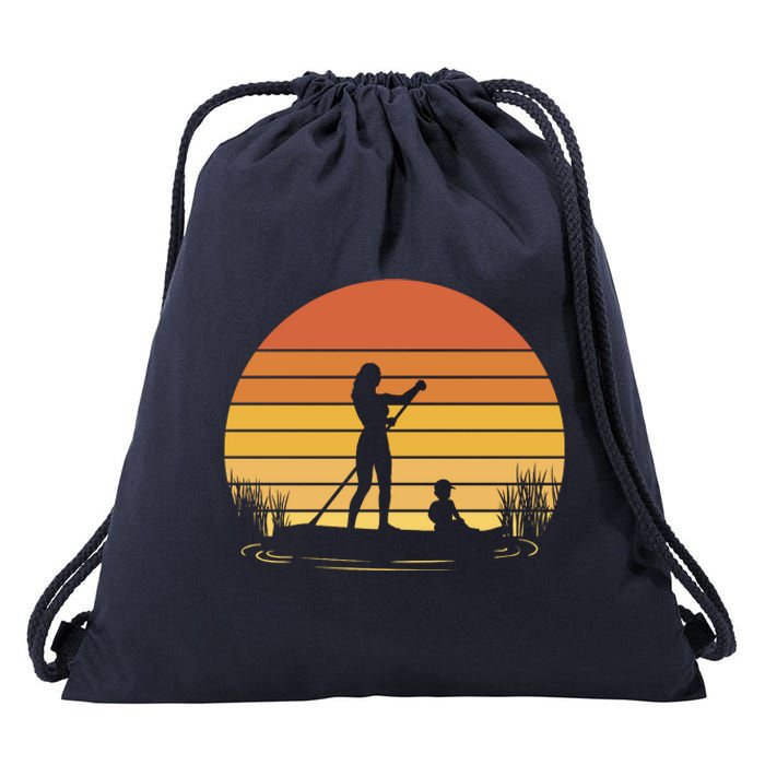 Paddle Surf Mother And Child Sunset Drawstring Bag