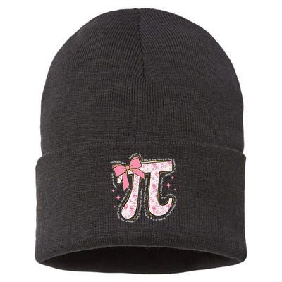 Pi Symbol Math Humor Mathematical Cute Pi Day Coquette Bow Sustainable Knit Beanie